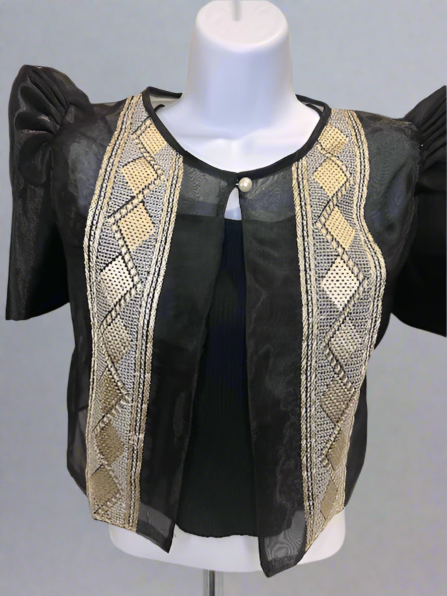 Black Filipiniana Bolero, Filipino Cultural Event, Zigzag, Diamond, Embroidered