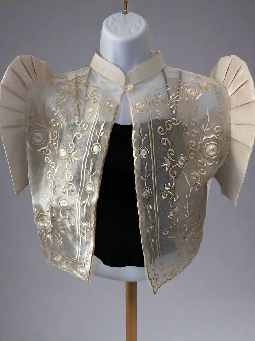 Filipiniana Bolero, Filipino Wedding, Maria Clara look, Floral Embroidered, Band collar, Beige