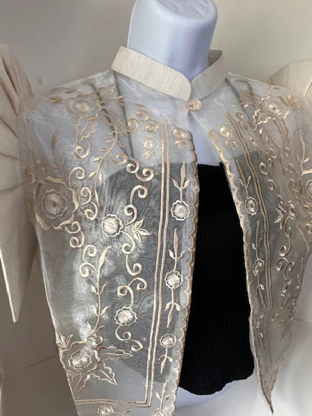 Filipiniana Bolero, Filipino Wedding, Maria Clara look, Floral Embroidered, Band collar, Beige