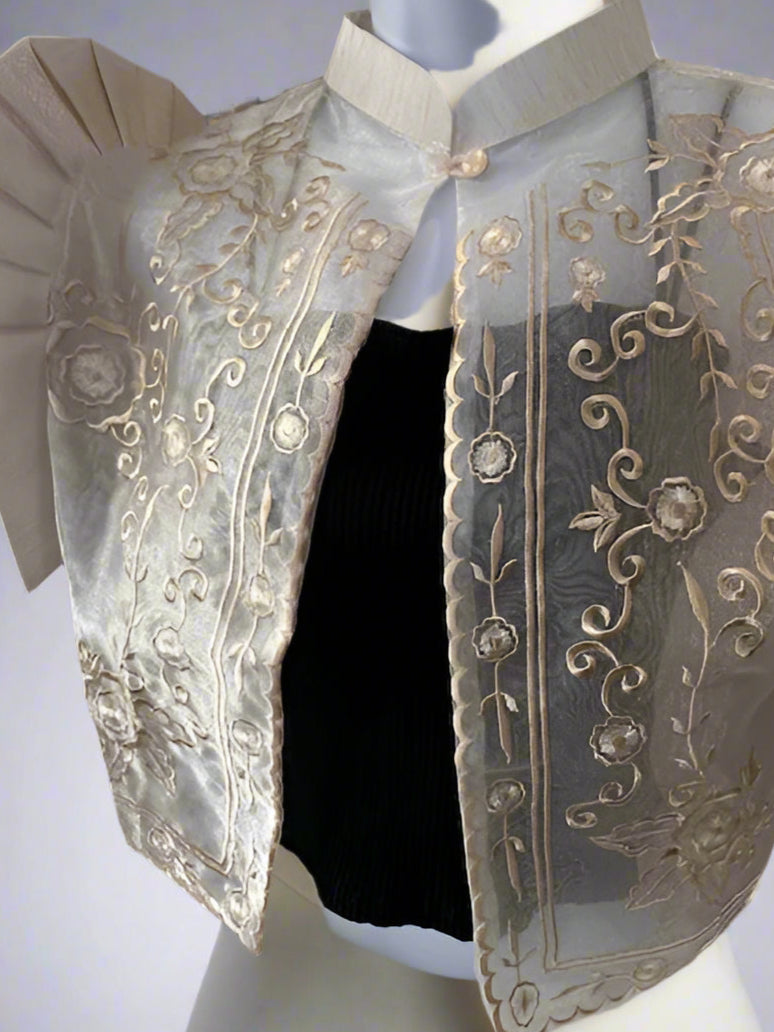 Filipiniana Bolero, Filipino Wedding, Maria Clara look, Floral Embroidered, Band collar, Beige