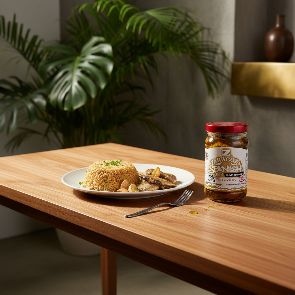 A glass jar of Zaragoza Spanish Style Sardines in Olive Oil with a red lid and white label, set against a plain white background.
