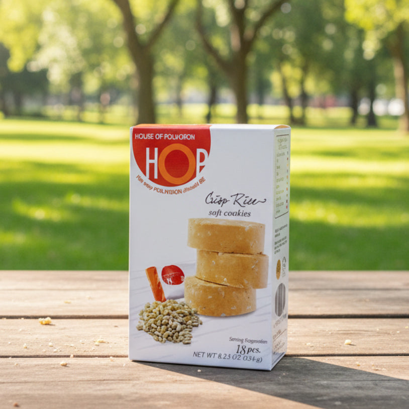 A box of House of Pougon HOP Classic Rice Soft Cookies standing on a white surface against a light gray background.